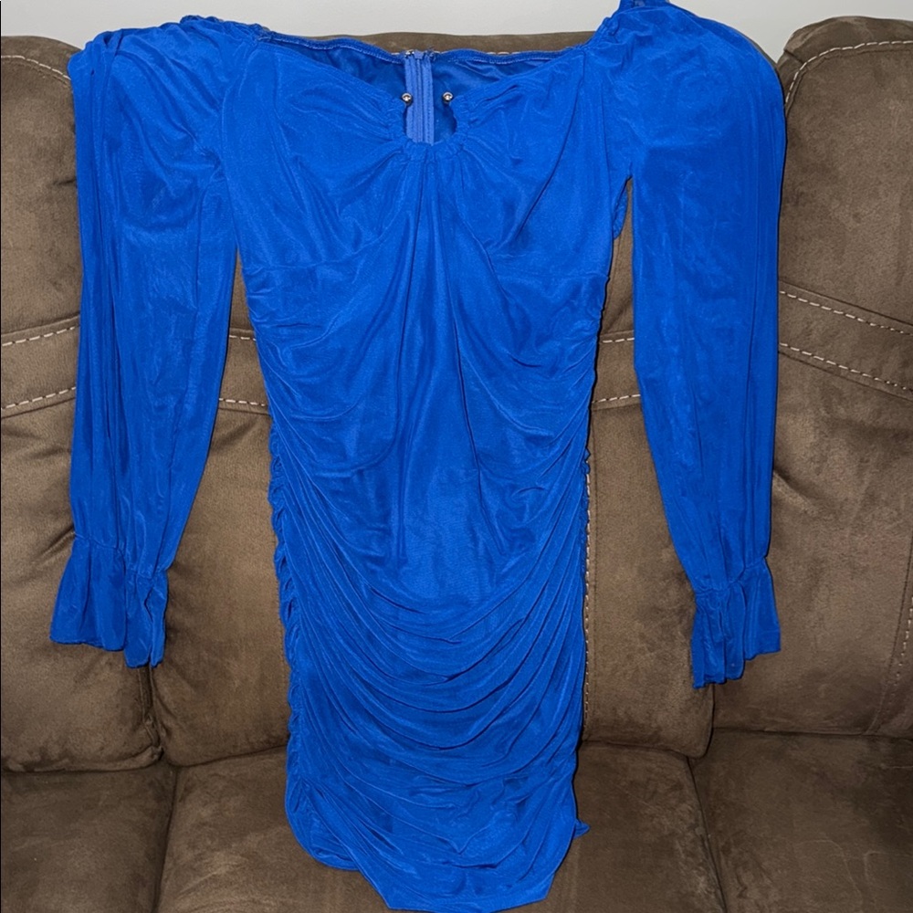 Ruched Long-Sleeve Cocktail Dress in Royal Blue